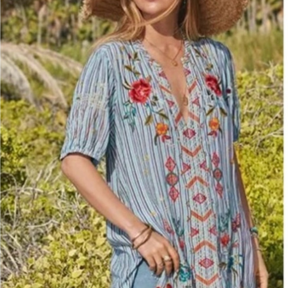 Johnny Was Blue Striped Floral Embroidered Blouse
